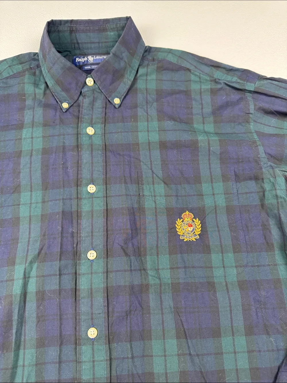 Ralph Lauren Men’s Medium Blackwatch Plaid Button Down Shirt Crest Logo Cotton